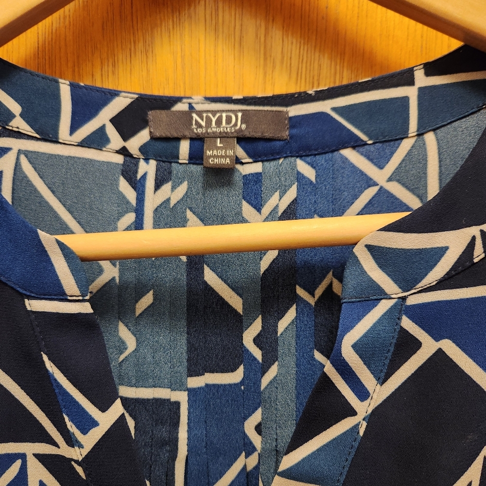 NYDJ Pintuck Blouse Blue and Cream Geometric Print - Picture 3 of 3